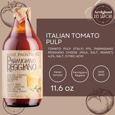 Italian Tomato Parmigiano Reggiano Sauce, Strained Toamtoes, Passata di Pomodoro, 11.6 oz, Italian Pasta Sauce, Pomodoro with Parmigiano Reggiano, Artigiani dei Sapori, Product of Italian
