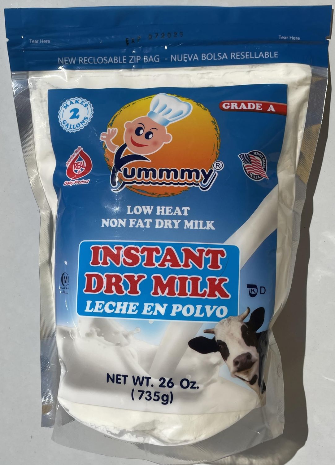 Yummmy Instant Nonfat 26 oz Powdered Dry Milk - Leche en Polvo, 26 oz, Grade A, Kosher Halal Certified, Product of USA