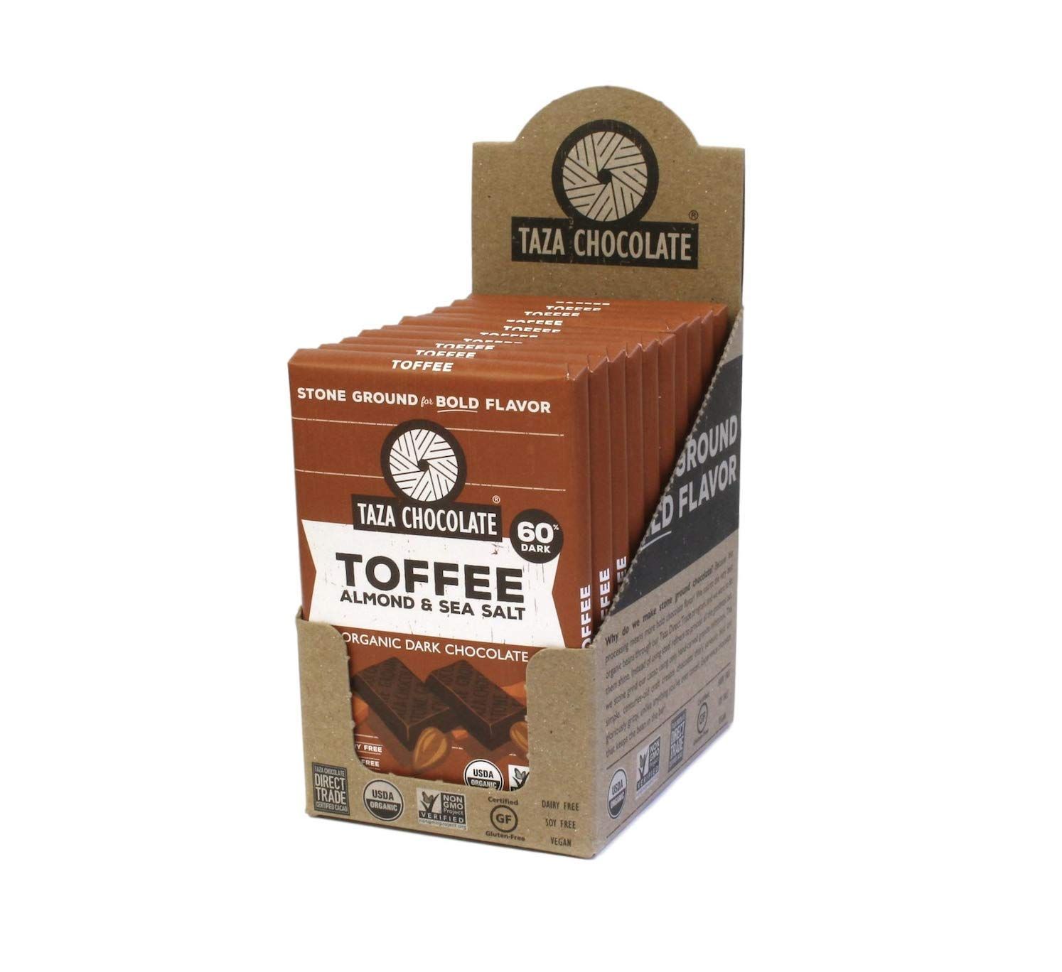 Taza Chocolate Organic Amaze Bar 60% Stone Ground, Toffee Almond Sea Salt, 2.5 Ounce (10 Count), Vegan