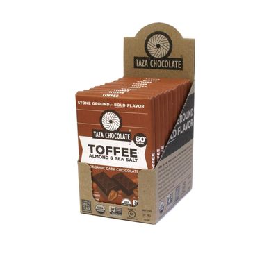 Taza Chocolate Organic Amaze Bar 60% Stone Ground, Toffee Almond Sea Salt, 2.5 Ounce (10 Count), Vegan
