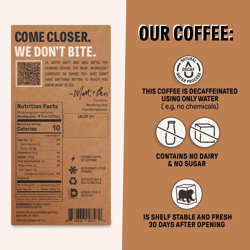 Wandering Bear DECAF Cold Brew Coffee On Tap, 96 fl oz - Extra Strong, Smooth, Unsweetened, Shelf-Stable, and Ready to Drink Iced Coffee, Cold Brewed Coffee, Cold Coffee