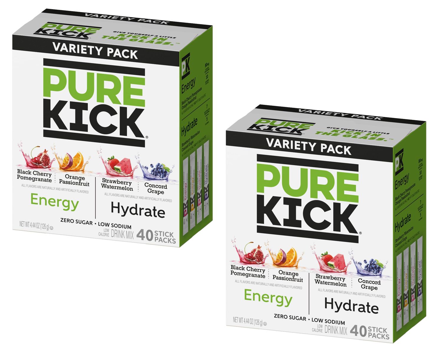 Pure Kick Hydrate and Energy Variety Pack - 40 Sticks per Box - Pack of 2 Boxes - Powdered Drink Mix - 2 Flavors of Energy and 2 Hydrate Flavors - Zero Sugar