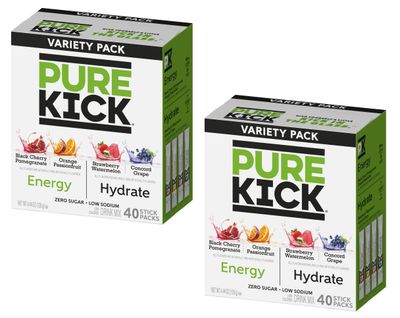Pure Kick Hydrate and Energy Variety Pack - 40 Sticks per Box - Pack of 2 Boxes - Powdered Drink Mix - 2 Flavors of Energy and 2 Hydrate Flavors - Zero Sugar