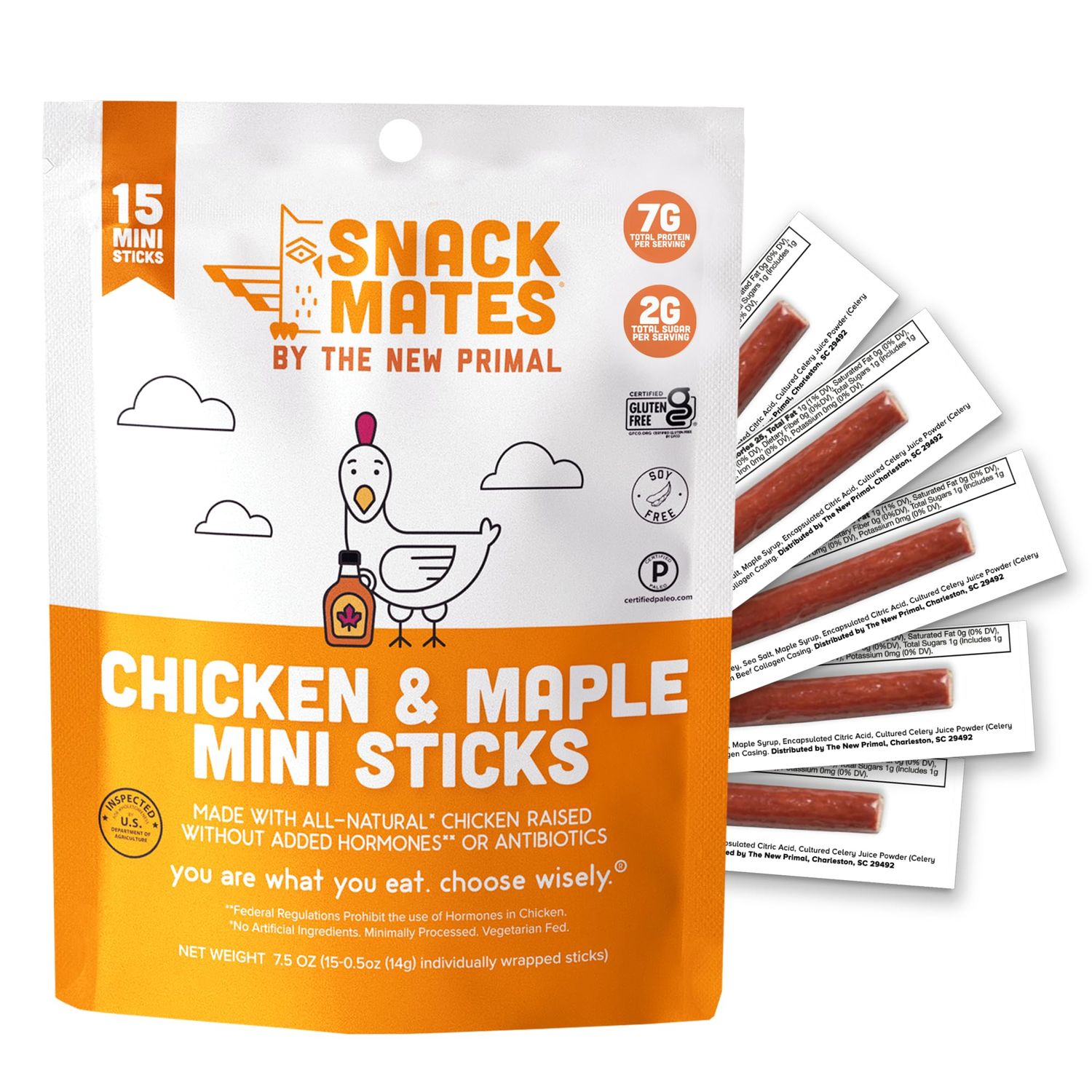 The New Primal Snack Mates Chicken &amp; Maple Sticks, Gluten Free Healthy Snacks for Kids, Low Sugar High Protein Back to School Snacks, Mini Paleo Jerky Meat Stick, 7g Protein, 50 Calories, 15 Pack