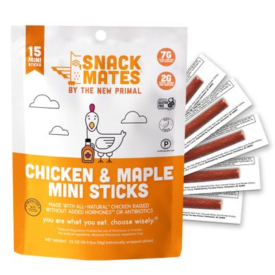 The New Primal Snack Mates Chicken &amp; Maple Sticks, Gluten Free Healthy Snacks for Kids, Low Sugar High Protein Back to School Snacks, Mini Paleo Jerky Meat Stick, 7g Protein, 50 Calories, 15 Pack
