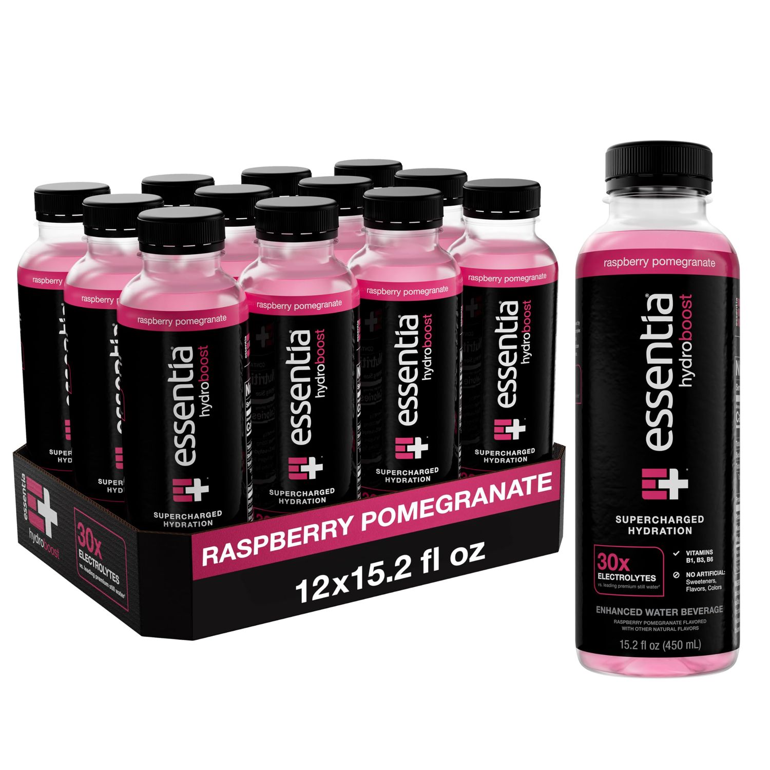 NEW Essentia Hydroboost Enhanced Bottled Water, 15.2 fl. oz. (450 mL), 12 Pack, Raspberry Pomegranate, Hydrolyte Blend with B-Complex Vitamins and Electrolytes, Clean Taste &amp; Supercharged Hydration