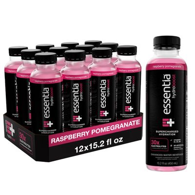 NEW Essentia Hydroboost Enhanced Bottled Water, 15.2 fl. oz. (450 mL), 12 Pack, Raspberry Pomegranate, Hydrolyte Blend with B-Complex Vitamins and Electrolytes, Clean Taste &amp; Supercharged Hydration