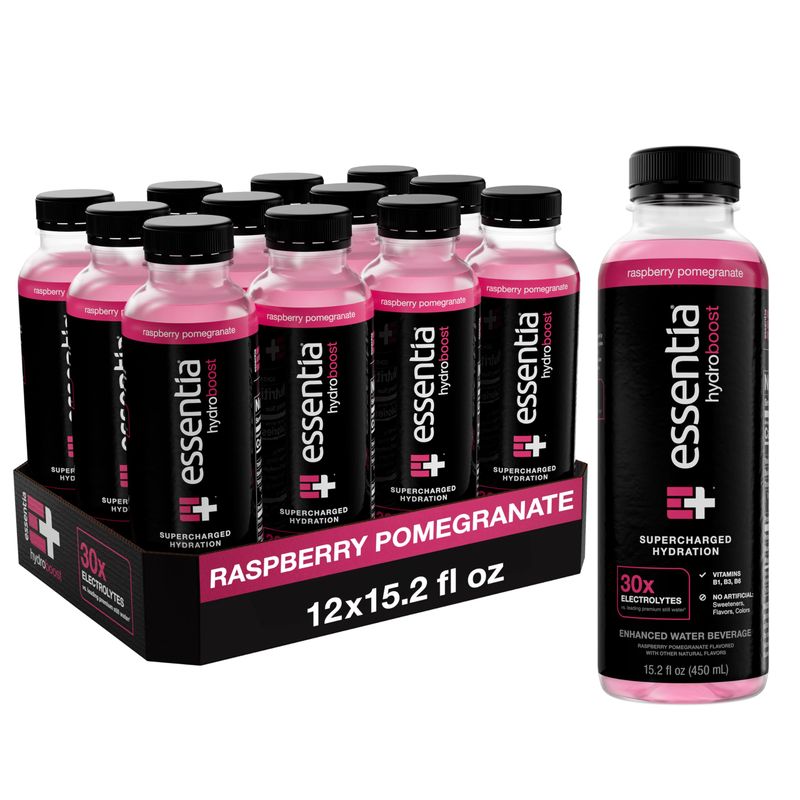 NEW Essentia Hydroboost Enhanced Bottled Water, 15.2 fl. oz. (450 mL), 12 Pack, Raspberry Pomegranate, Hydrolyte Blend with B-Complex Vitamins and Electrolytes, Clean Taste &amp; Supercharged Hydration