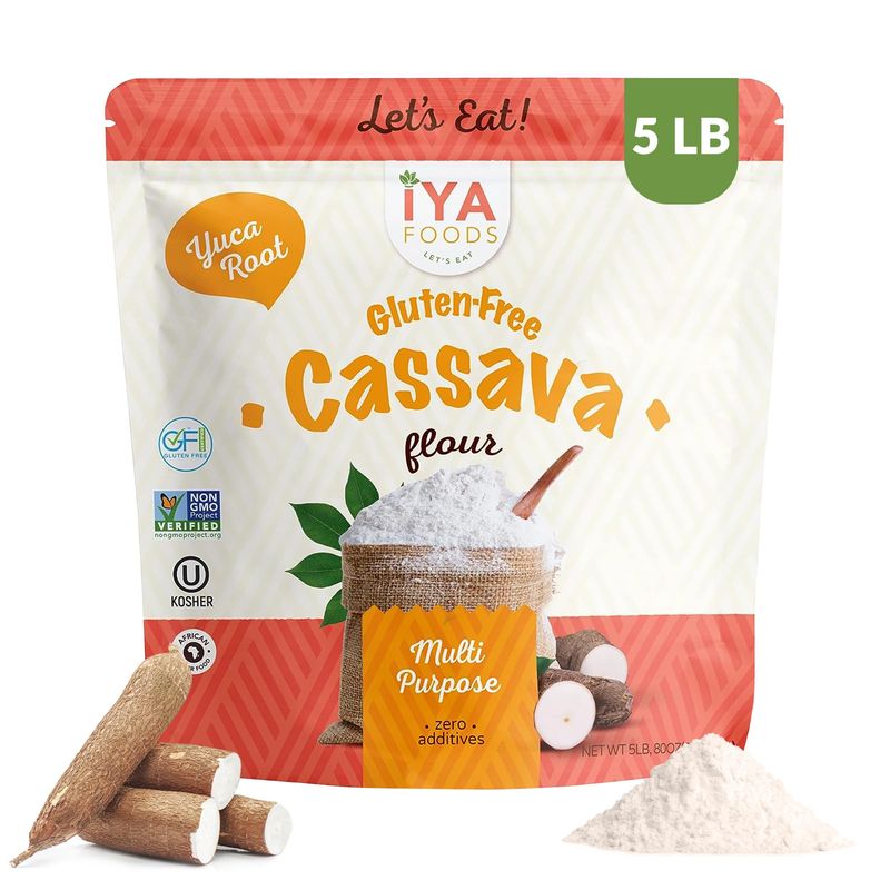 Iya Foods Cassava Flour - all purpose flour, Grain-Free, Non-GMO &amp; Kosher verified - Multi purpose wheat flour substitute; Made From 100% Yuca Root - Zero Additives &amp; Preservatives - 5lb Pack