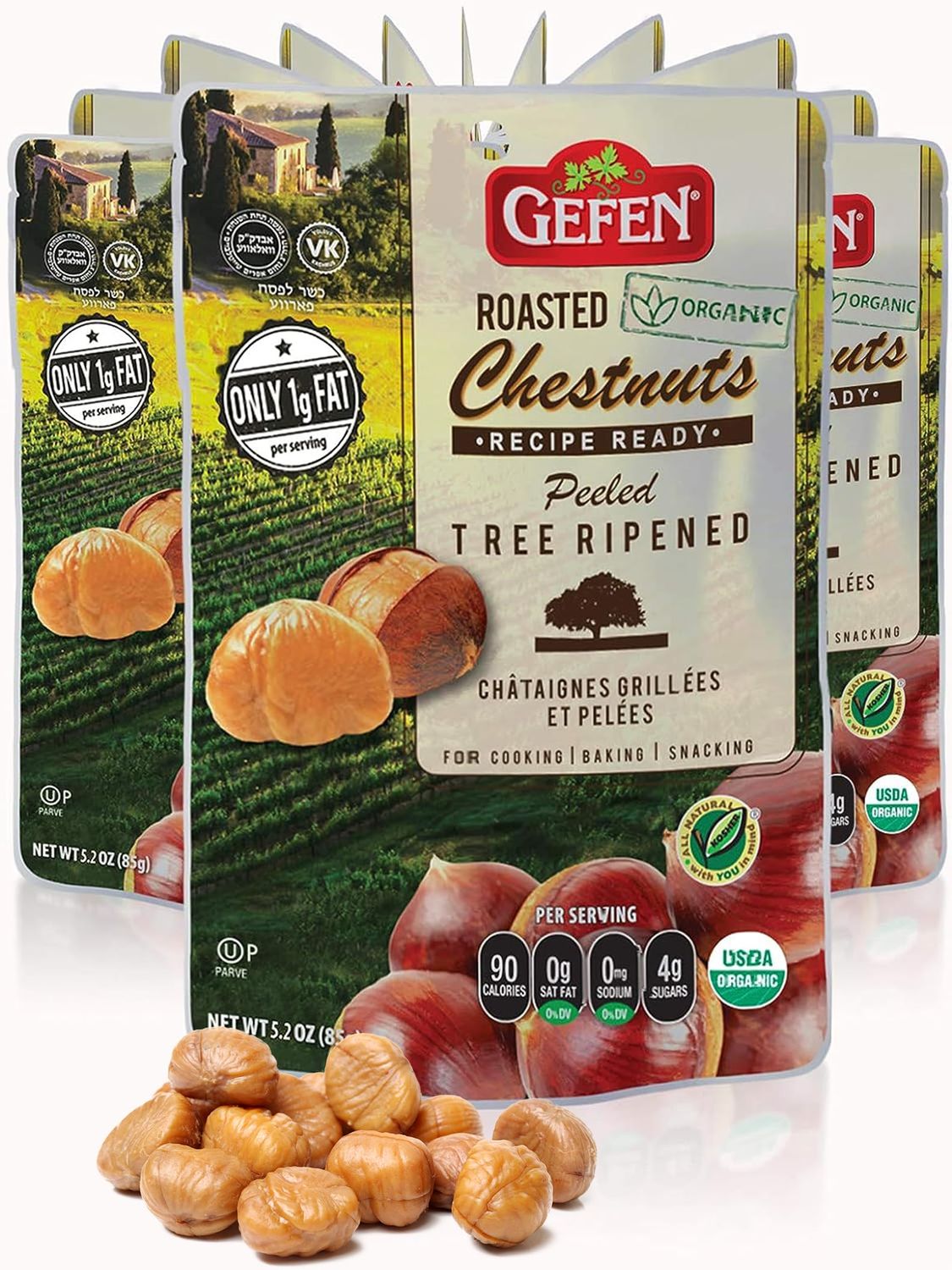 Gefen Organic Whole Peeled and Roasted Chestnuts, 5.2oz (12 Pack) | Chestnuts Peeled and Ready to Eat | Great for Cooking &amp; Baking | Gluten Free | Kosher