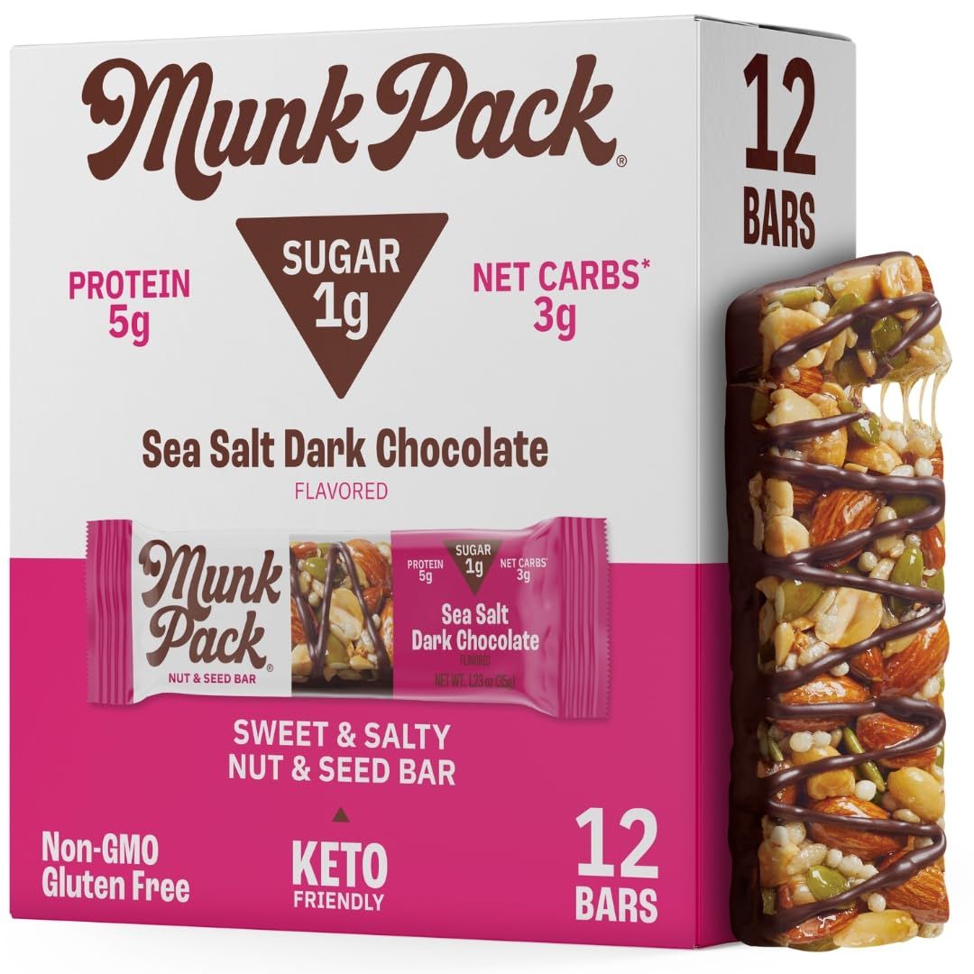 Munk Pack Keto Snack Bars, Sea Salt Dark Chocolate - Low Carb Nut Bar with 5g Protein, 1g Sugar with Allulose - Gluten Free &amp; Low Glycemic - 12 Count