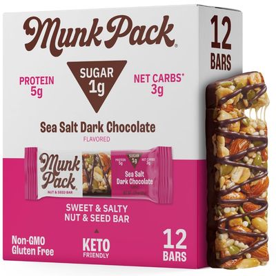 Munk Pack Keto Snack Bars, Sea Salt Dark Chocolate - Low Carb Nut Bar with 5g Protein, 1g Sugar with Allulose - Gluten Free &amp; Low Glycemic - 12 Count