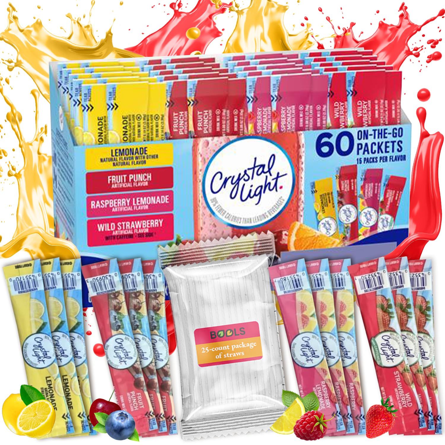 Generic Crystal Light Lemonade, Fruit Punch, Raspberry Lemonade &amp; Wild Strawberry Sugar-Free Powdered Drink Mix Variety Pack, 60 Count With 25 Straws, Fits 16.9 oz Bottles