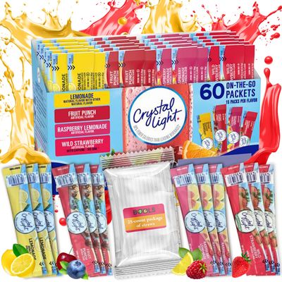 Generic Crystal Light Lemonade, Fruit Punch, Raspberry Lemonade &amp; Wild Strawberry Sugar-Free Powdered Drink Mix Variety Pack, 60 Count With 25 Straws, Fits 16.9 oz Bottles