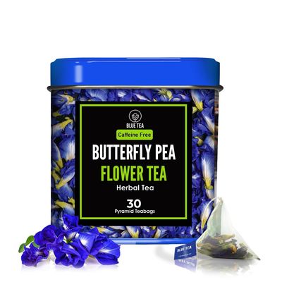 BLUE TEA - Butterfly Pea Flower Tea - 30 Count - Pyramid Plant Based Tea Bag | CHRISTMAS GIFTS | SUPER ANTIOXIDANT | Caffeine Free - Detox Tea - Flower Based - Herbal Tea - Vegan | Tin Pack