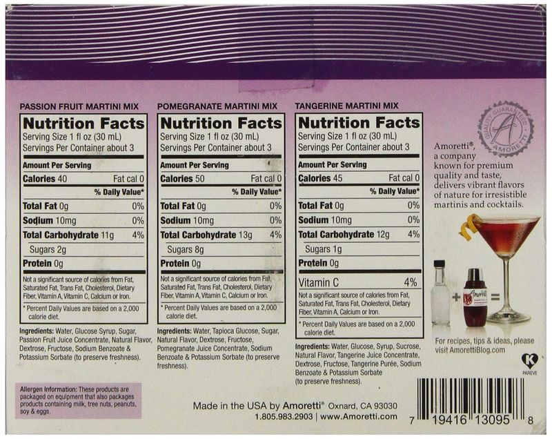Amoretti Premium Martini Cocktail Mix Exotic Minis, Tangerine, Pomegranate and Passion Fruit, 3 Count