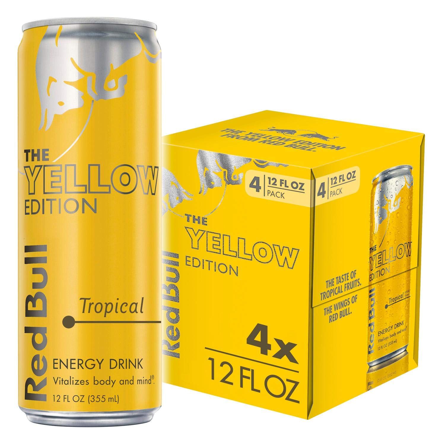 Red Bull Yellow Edition Energy Drink, Tropical, with 114mg Caffeine plus Taurine &amp; B Vitamins, 12 Fl Oz, Pack of 4 Cans