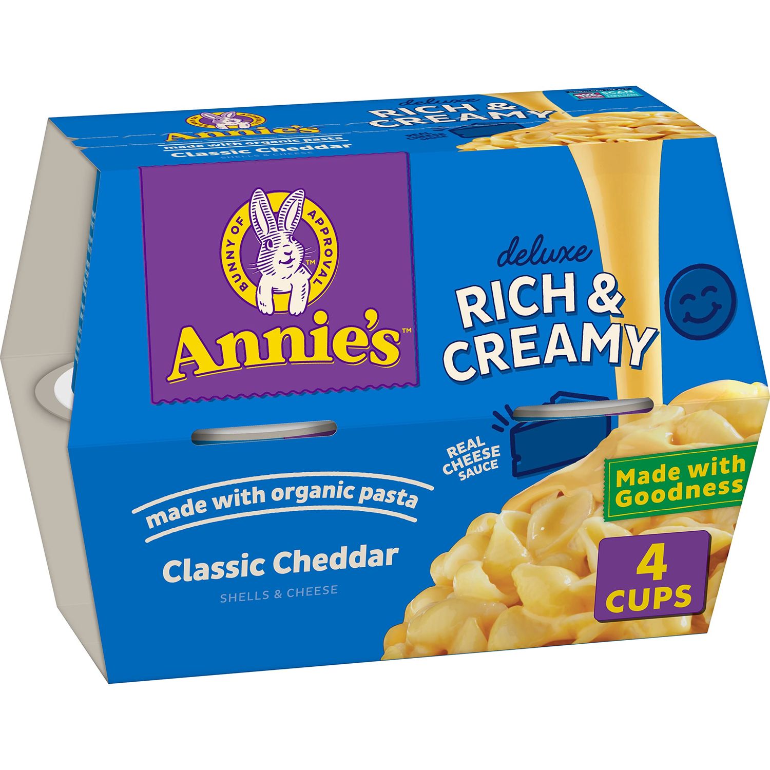 Annie&#39;s Classic Cheddar Deluxe Rich and Creamy Microwave Mac &amp; Cheese with Organic Pasta, 4 Ct, 2.6 OZ Cups