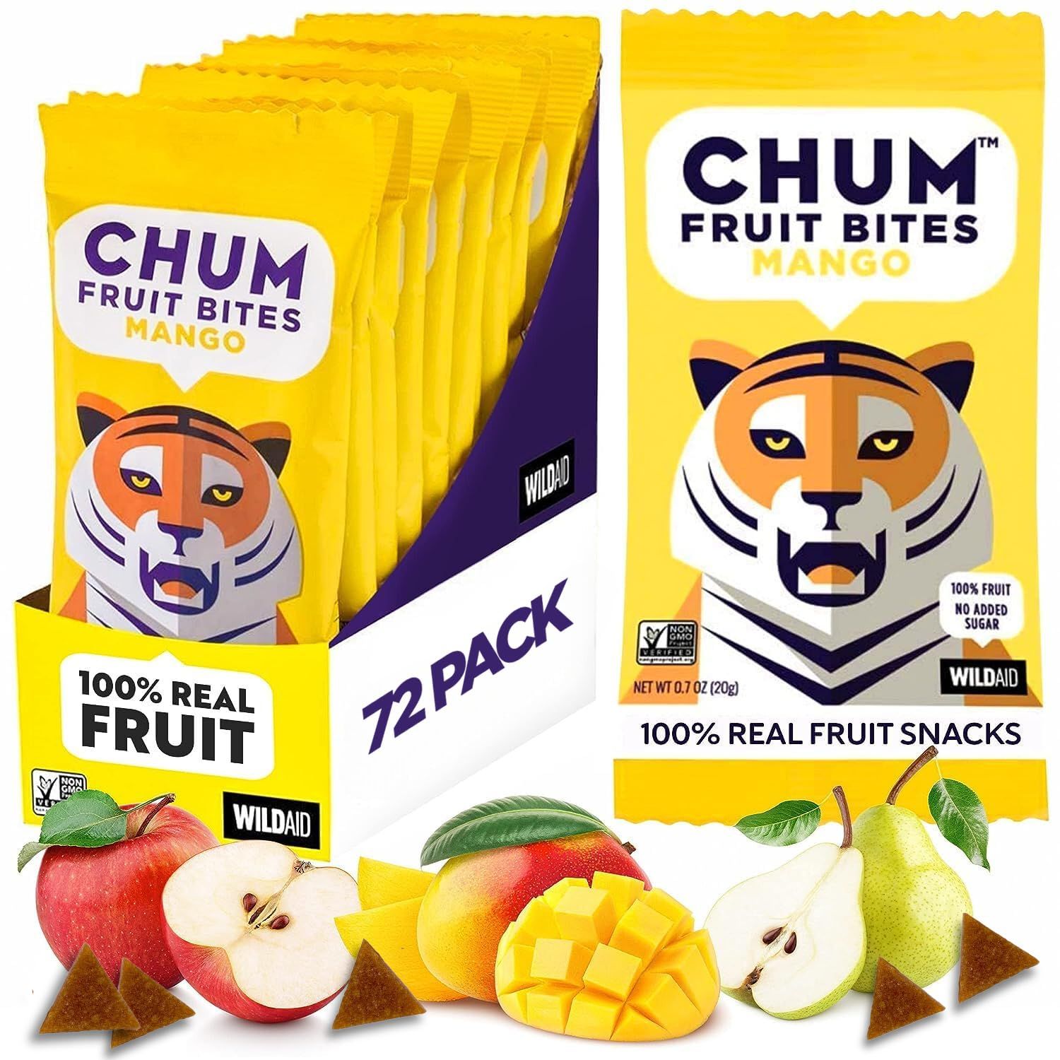 Chum Fruit Bites 100% Real Fruit Snacks | Mango, 72 Pack | Non-GMO, No Added Sugar or Preservatives | Top 12 Allergen and School Friendly, Nut-Free, Gluten-Free, Vegan, Kosher, Paleo