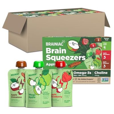 Brainiac Applesauce Variety Pack Pouches, Apple, Apple-Cinnamon &amp; Apple-Strawberry Flavors, Unsweetened Applesauce with Vitamin C, Omega-3s &amp; Choline, 40 Count, 3.2 oz.