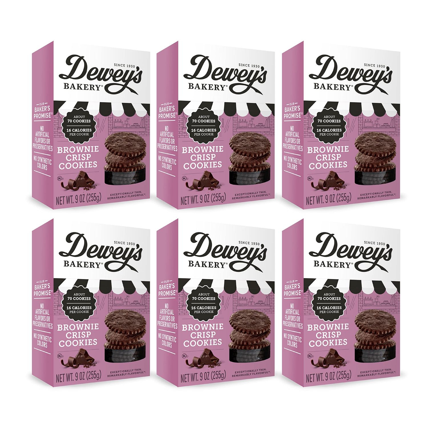 Dewey&#39;s Bakery Brownie Crisp Moravian Cookie Thins | No Artificial Flavors, Synthetic Colors or Preservatives | Baked in Small Batches | 9 oz (Pack of 6)