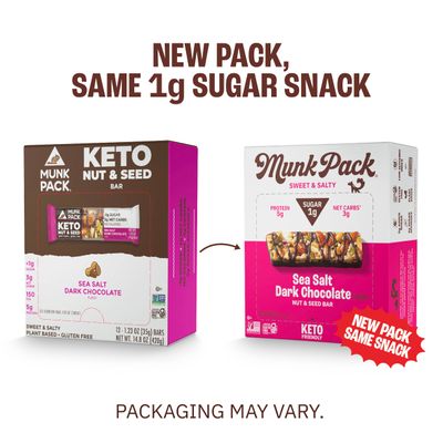 Munk Pack Keto Snack Bars, Sea Salt Dark Chocolate - Low Carb Nut Bar with 5g Protein, 1g Sugar with Allulose - Gluten Free & Low Glycemic - 12 Count