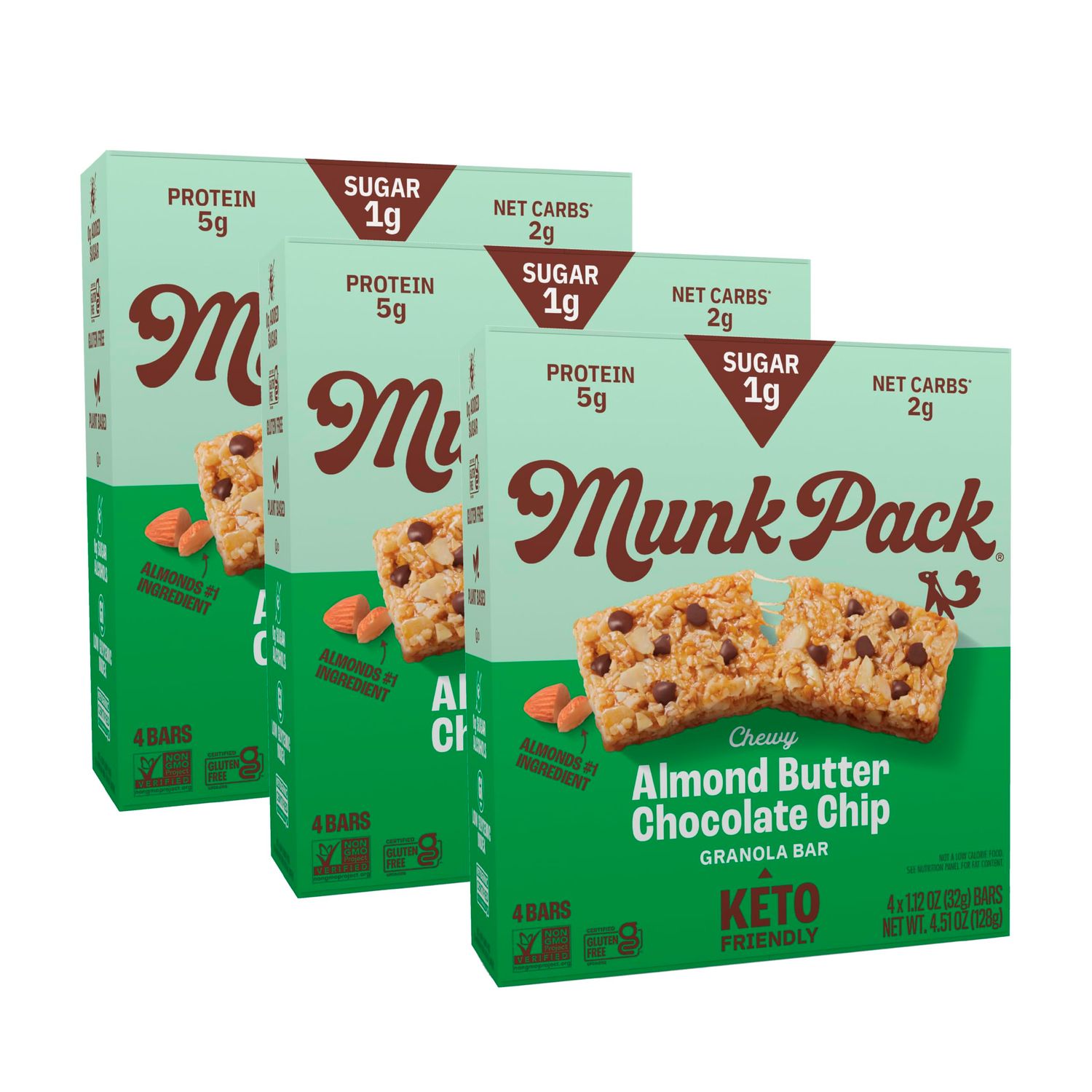 Munk Pack Chewy Granola Bars, Almond Butter Chocolate Chip - Low Sugar Snacks with 5g Protein, 1g Sugar with Allulose - Gluten Free &amp; Low Glycemic - 12 Count