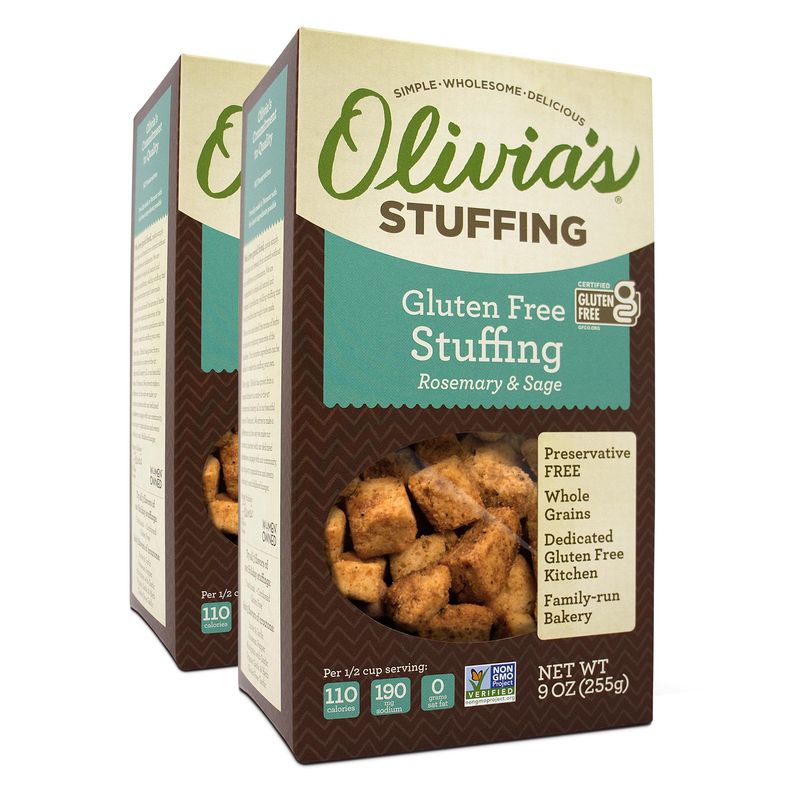 Olivia&#39;s Croutons Gluten Free Stuffing Mix - Rosemary &amp; Sage Herb Seasoned Dressing - Vegetarian, Preservative Free, 9 Ounce (Pack of 2)