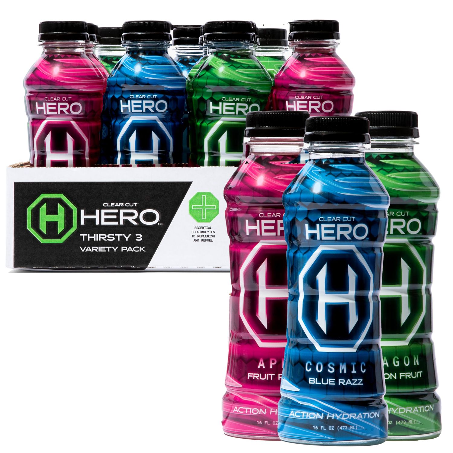 Clear Cut Hero (HeroAid) Sports Drink, Spartan Finisher Variety Pack | 670mg of Essential Electrolytes, Natural Flavors &amp; Ingredients, Low-Calorie | 16 Fl Oz (Pack of 12)