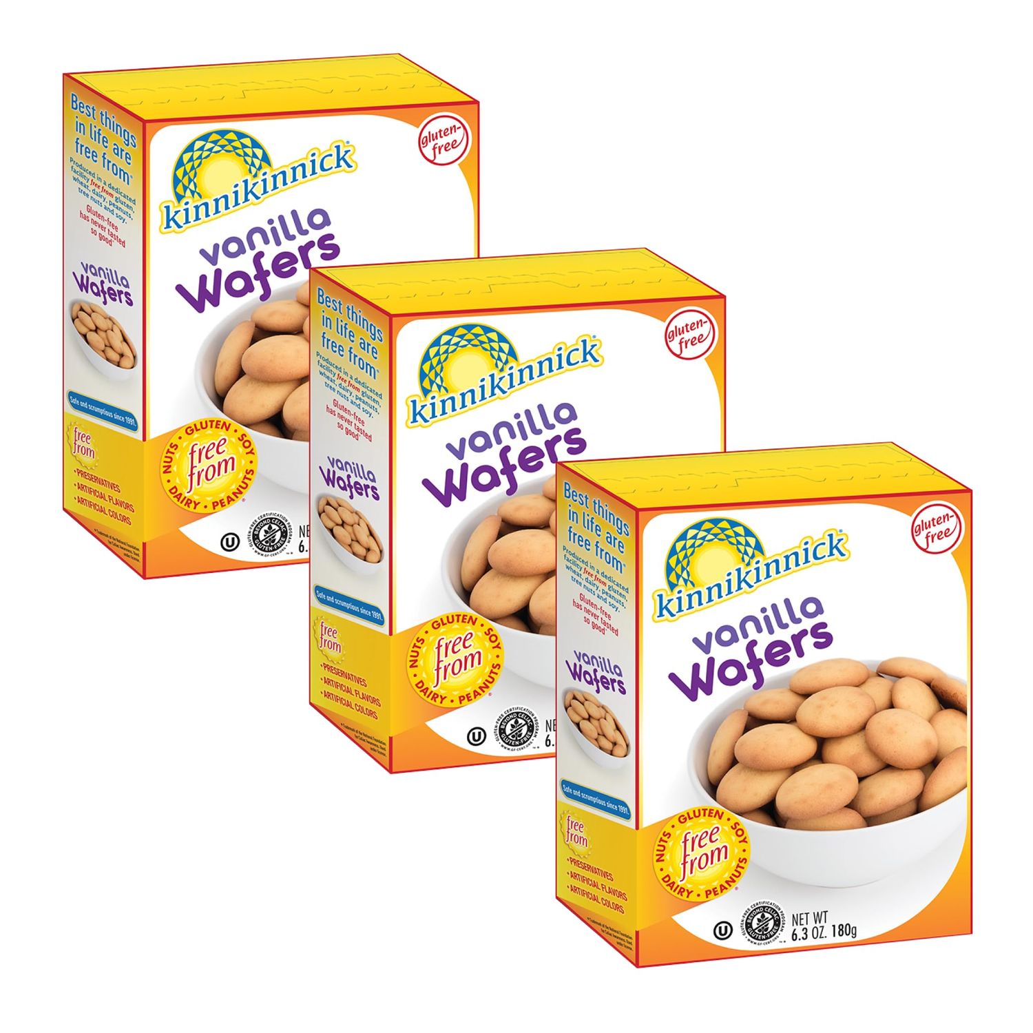 Kinnikinnick - Vanilla Wafers - Gluten Free, Allergy Friendly Cookies - 6.3 oz. Boxes - 3 Pack