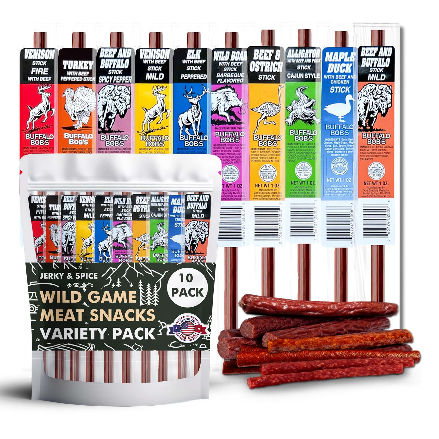 Jerky-n-Spice Wild Game Meat Sticks (10-Pack), Exotic Beef Jerky Variety Pack, Carnivore Snacks, Beef Jerky Snack Packs, Gift Basket Men, Exotic Snacks, Meat Snacks, Gift Box Men, Carnivore Snax