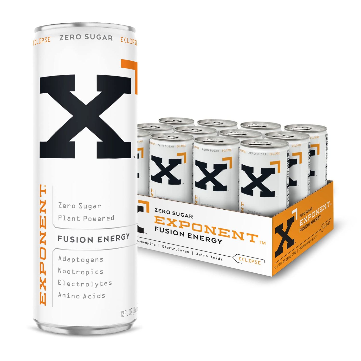 Exponent - Eclipse Fusion Energy Drink | Pack of 12, 355mL Cans | Refreshing Orange + Tangerine | Zero Sugar &amp; Sucralose | Naturally Sourced Caffeine | Gluten-Free &amp; Vegan | 15 Calories per Can