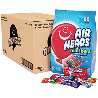 Airheads Candy Mini Bars, Assorted Flavors Bulk Variety Pack, Individually Wrapped, Holiday Christmas Party Favors for Adults &amp; Kids, Non-Melting, 80 ct Bag (Box of 4 Bags)