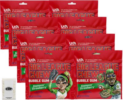 Big League Chew Slammin&#39; Strawberry Bubble Gum, 2.12-Ounce Pouches (Pack of 8) with By The Cup Sugar-Free Mints