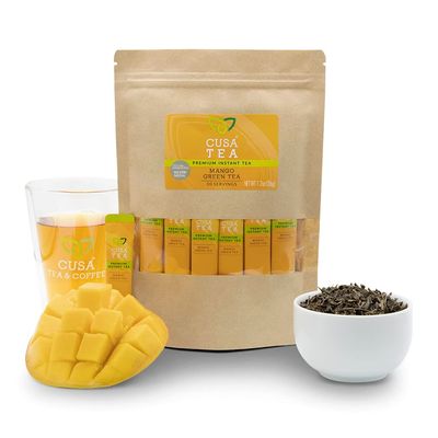 Cusa Tea &amp; Coffee | Premium Instant Mango Green Tea With Real Fruit &amp; Spices | Organic Leaves Drink Mix Packets | Hot or Iced Tea (30 Single Servings)