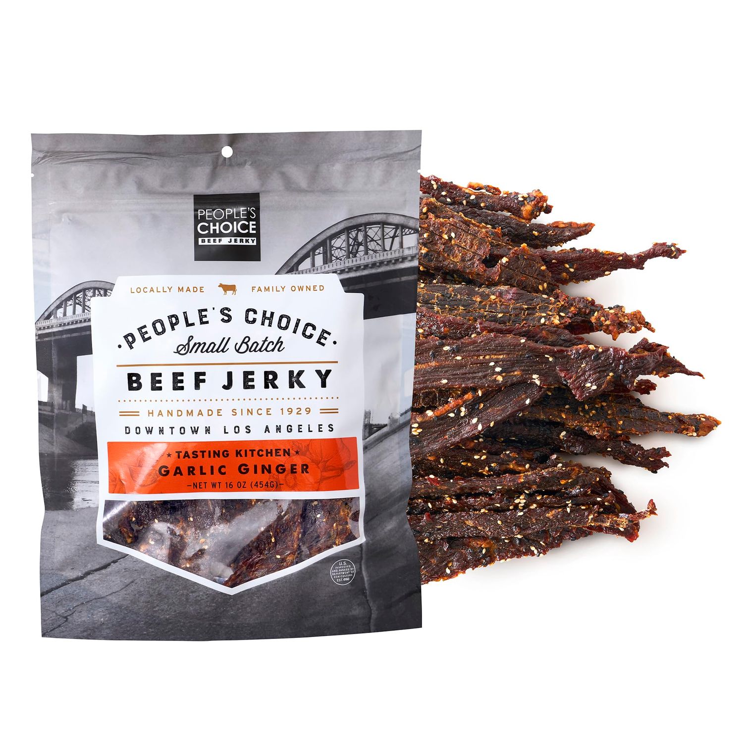 People&#39;s Choice Beef Jerky - Tasting Kitchen Small Batch - Garlic Ginger - Camping Food, Backpacking Snacks, Road Trip Snacks - High Protein Low Sodium Healthy Snacks - 1 Pound, 16 oz - 1 Bag