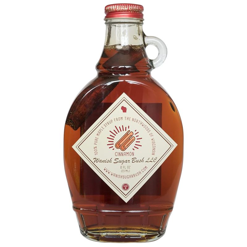 WANISH SUGAR BUSH - 100% Pure Organic Maple Syrup With Cinnamon Stick, 8 oz Glass Bottle, Grade A Dark Amber, Wisconsin Northwoods, for Pancakes, Waffles, Coffee &amp; Baking