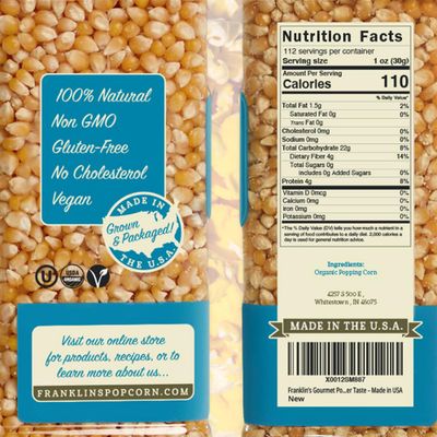 Franklins Gourmet Popcorn Organic Popcorn Kernels for Popping - 28oz Tub - Made in USA, Non-GMO & All-Natural - Old Fashioned Unpopped Popcorn Kernels for Popcorn Machine