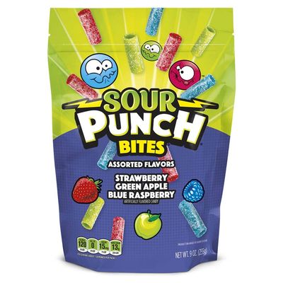 Sour Punch Bites, Blue Raspberry, Apple &amp; Strawberry Flavors, Soft &amp; Chewy Candy, 9oz Bag (12 Pack)