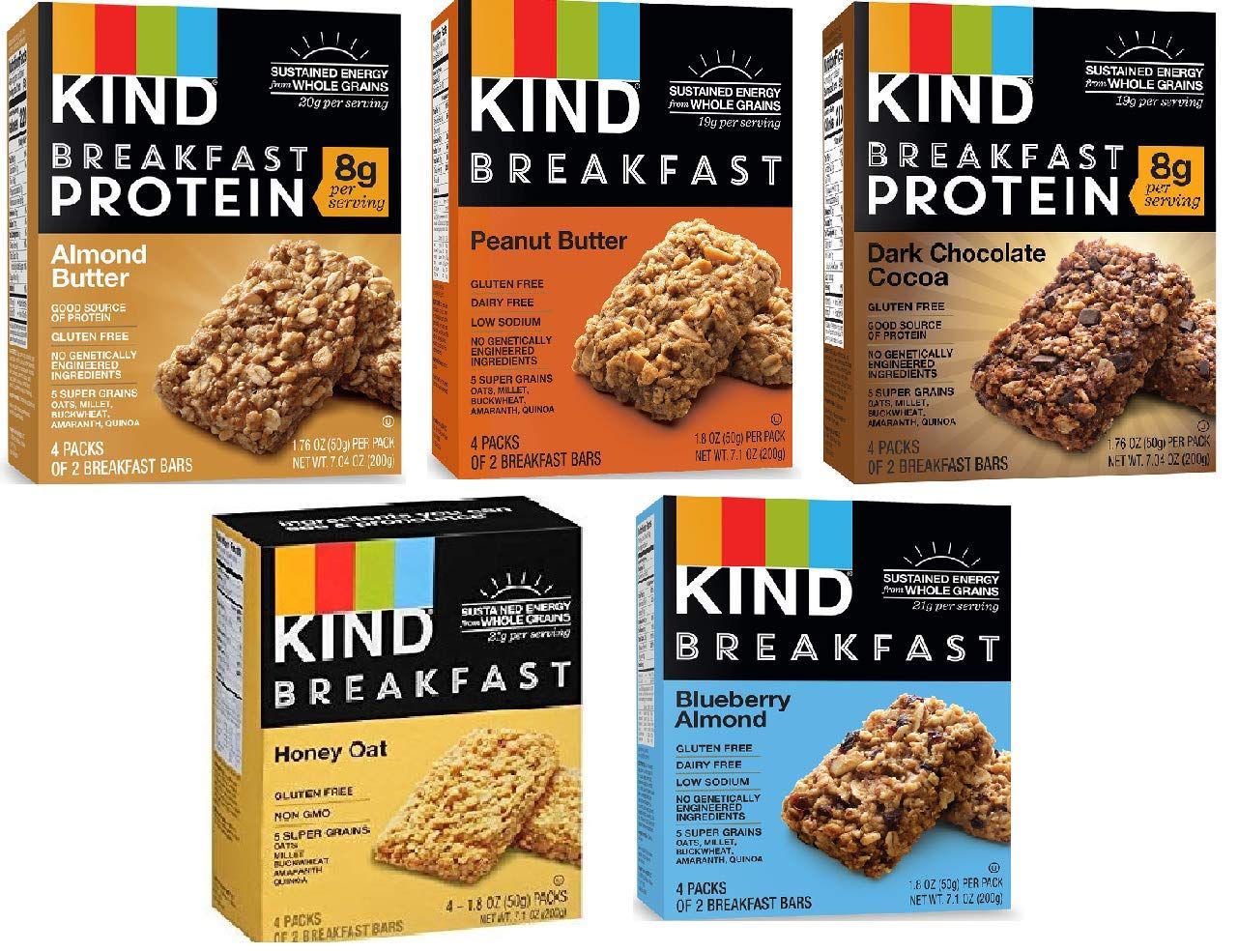 Kind Breakfast Bars New Variety 5 Pack. 1 Box of each: Dark Chocolate, Honey Oat, Peanut Butter, Almond Butter. Total of 40 Bars