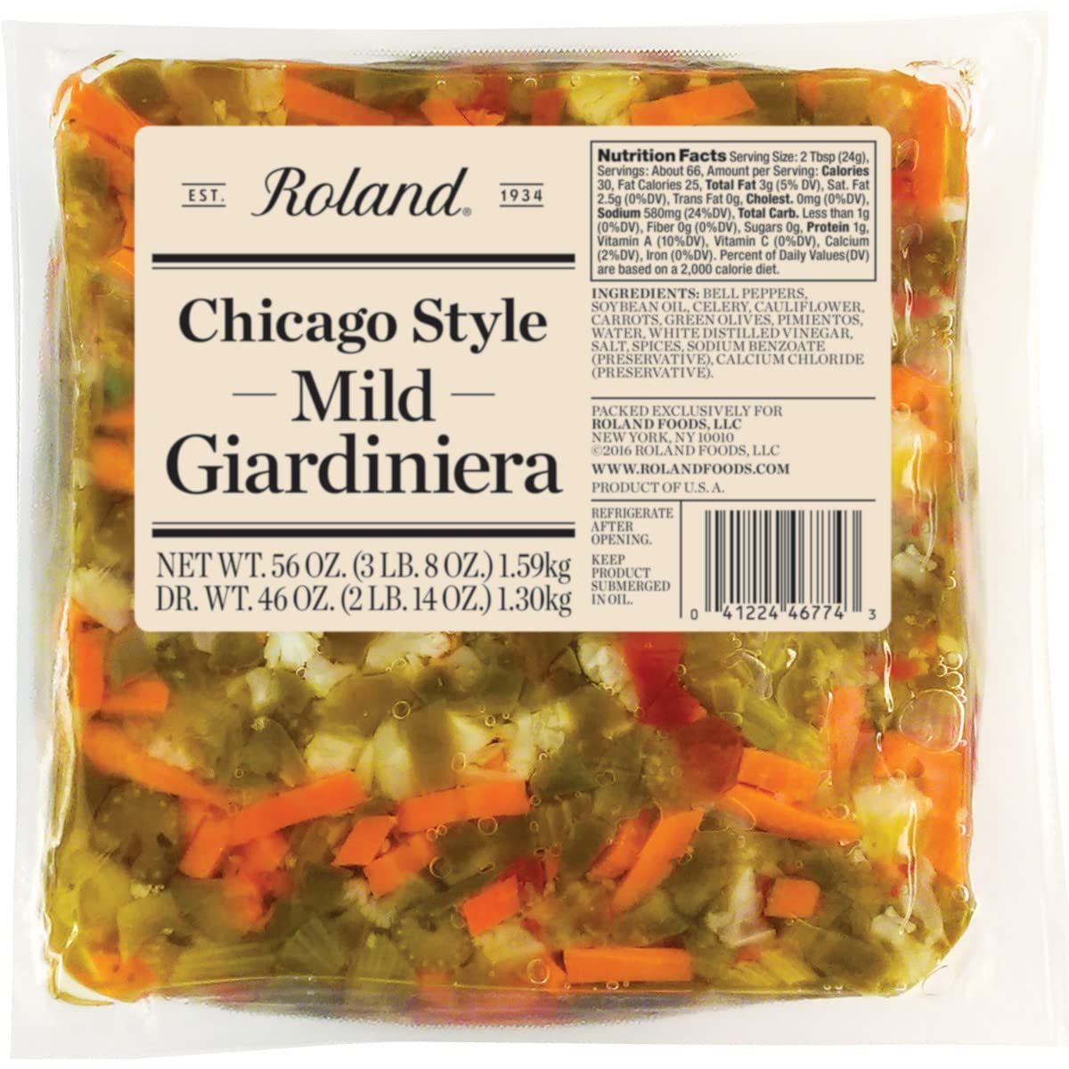 Roland Foods Chicago Style Mild Giardiniera, Italian Pepper Relish, Specialty Food, 56 Ounce Pouch, Pack of 1