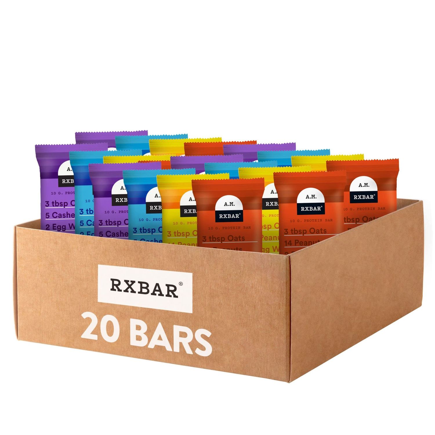 RXBAR A.M. Protein Bars, Variety Pack, Gluten Free Snacks, Breakfast Snacks, 38.8oz Box (20 Bars)