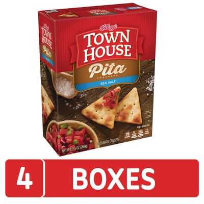 Kellogg's Town House Pita Crackers Oven Baked Crackers, Lunch Snacks, Party Snacks, Sea Salt (4 Boxes)