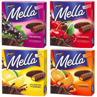 Jutrzenka MELLA Chocolate Coated Jelly Variety Pack of 4 x 6.7 oz. ORANGE, LEMON, CHERRY &amp; BLACKCURRANT. Product of Poland.