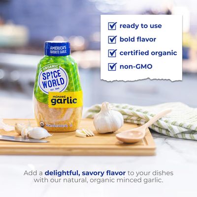 Spice World Squeezable Organic Minced Garlic - Value 20oz Garlic Container, USDA Certified Organic Garlic with Non-GMO Ingredients - Ready-to-Use Seasonings for Cooking in Convenient Squeeze Bottle
