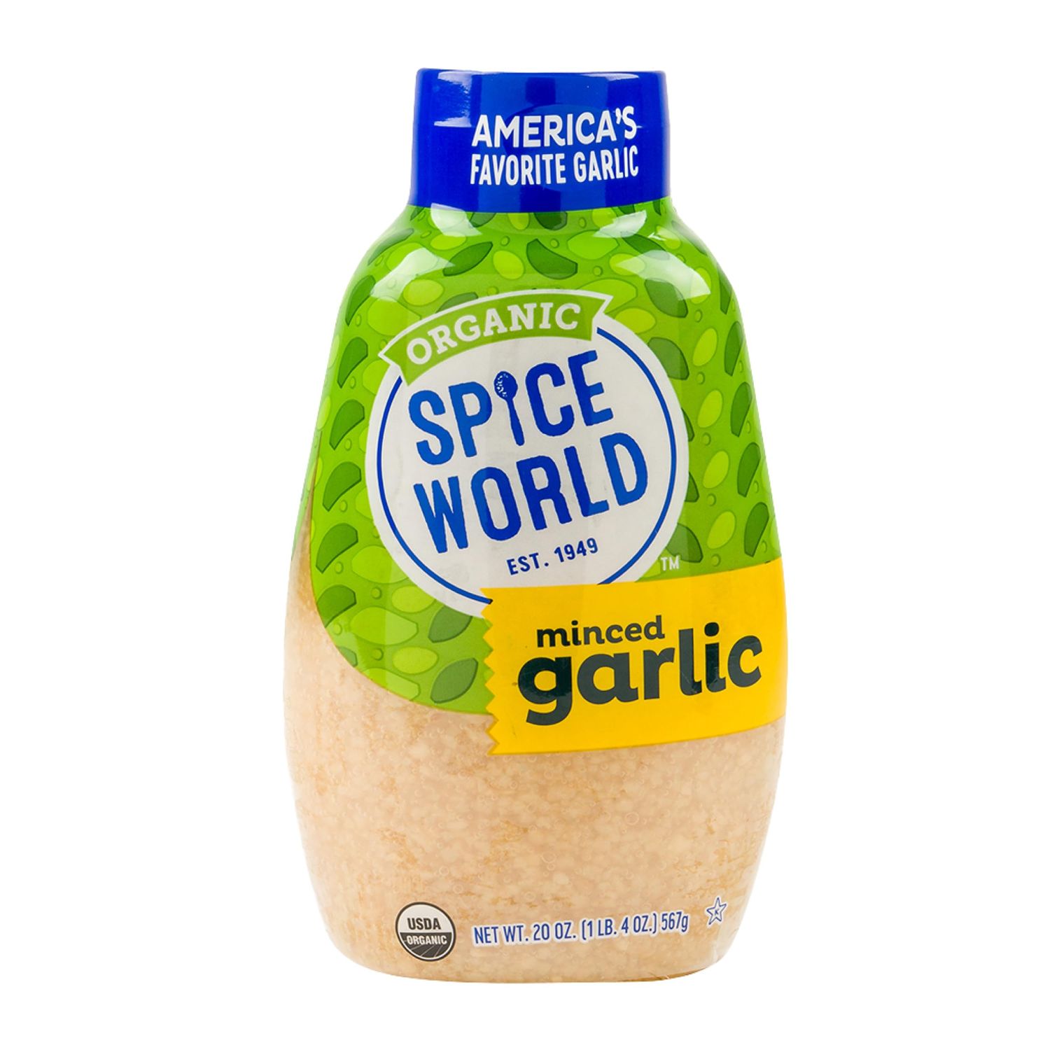 Spice World Squeezable Organic Minced Garlic - Value 20oz Garlic Container, USDA Certified Organic Garlic with Non-GMO Ingredients - Ready-to-Use Seasonings for Cooking in Convenient Squeeze Bottle