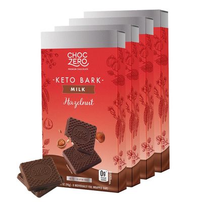 ChocZero Keto Bark, Milk Chocolate Hazelnut Candy Bar, No Added Sugar, Low Carb, No Sugar Alcohols, No Artificial Sweeteners, 3.2 Ounce (Pack of 4)