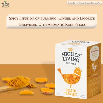 Higher Living Organic Golden Turmeric Tea | Soothing &amp; Calming | Made with Natural Ingredients | Premium &amp; Healthy Tea | Caffeine Free | 15 Teabags (Pack of 1)
