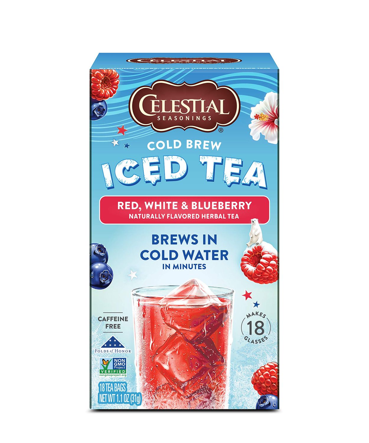 Celestial Seasonings Cold Brew Iced Tea, Red, White &amp; Blueberry, Caffeine Free, 18 tea bags (Pack of 6)