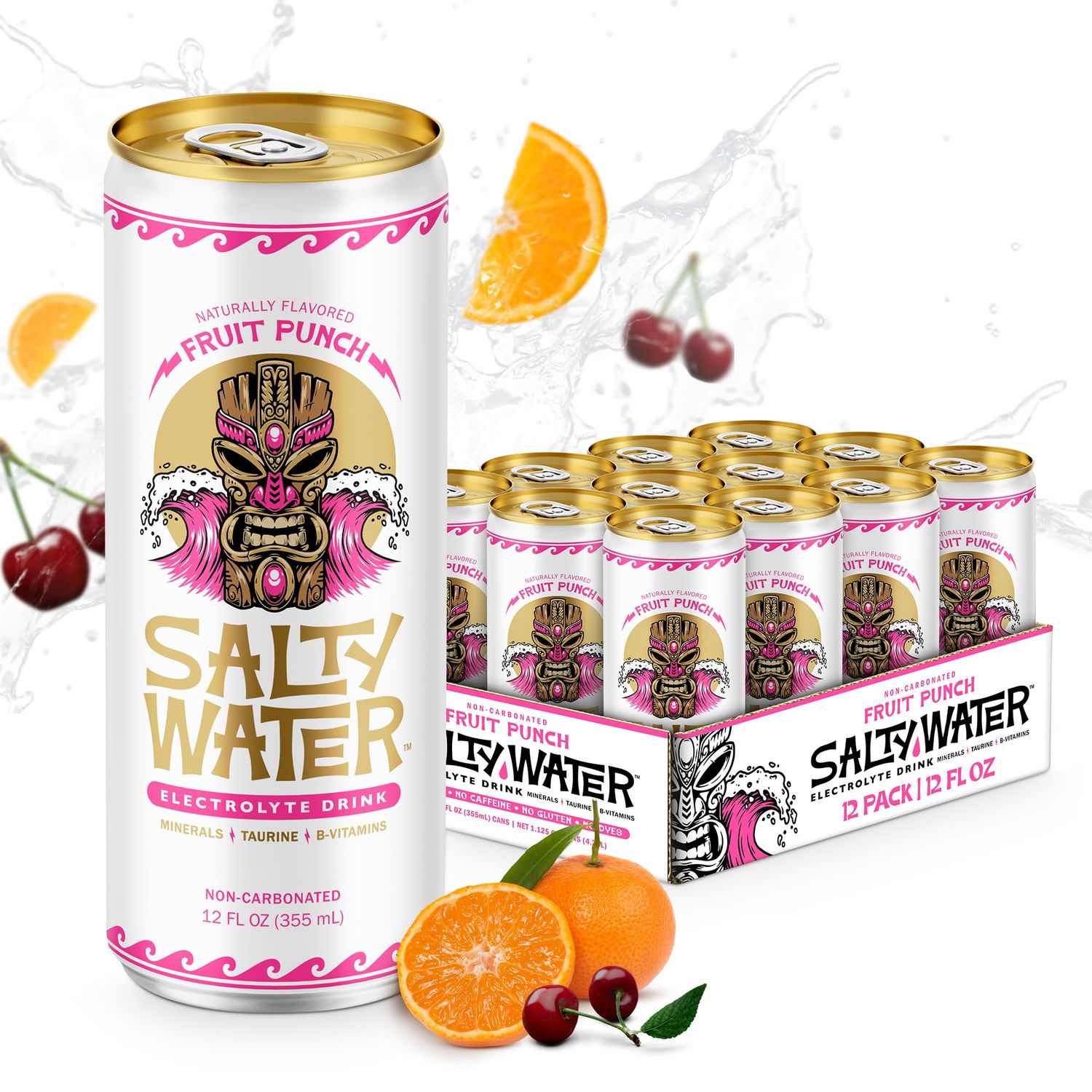 SaltyWater Electrolyte Drink Fruit Punch  Zero Sugar Premium Sports Drink Minerals Taurine BVitamins Zinc NonCarbonated Zero Caffeine Hydration Drink  12 Pack 12 oz